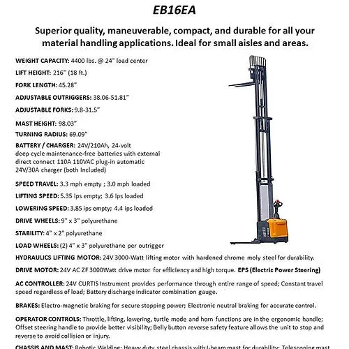 EKKO EB16EA | Electric Straddle Stacker | 216" Lift Height | 4400 lb Capacity
