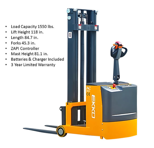 EKKO EK07S | Counterbalanced Walkie Stacker | 118" Lift Height | 1550 lb Capacity
