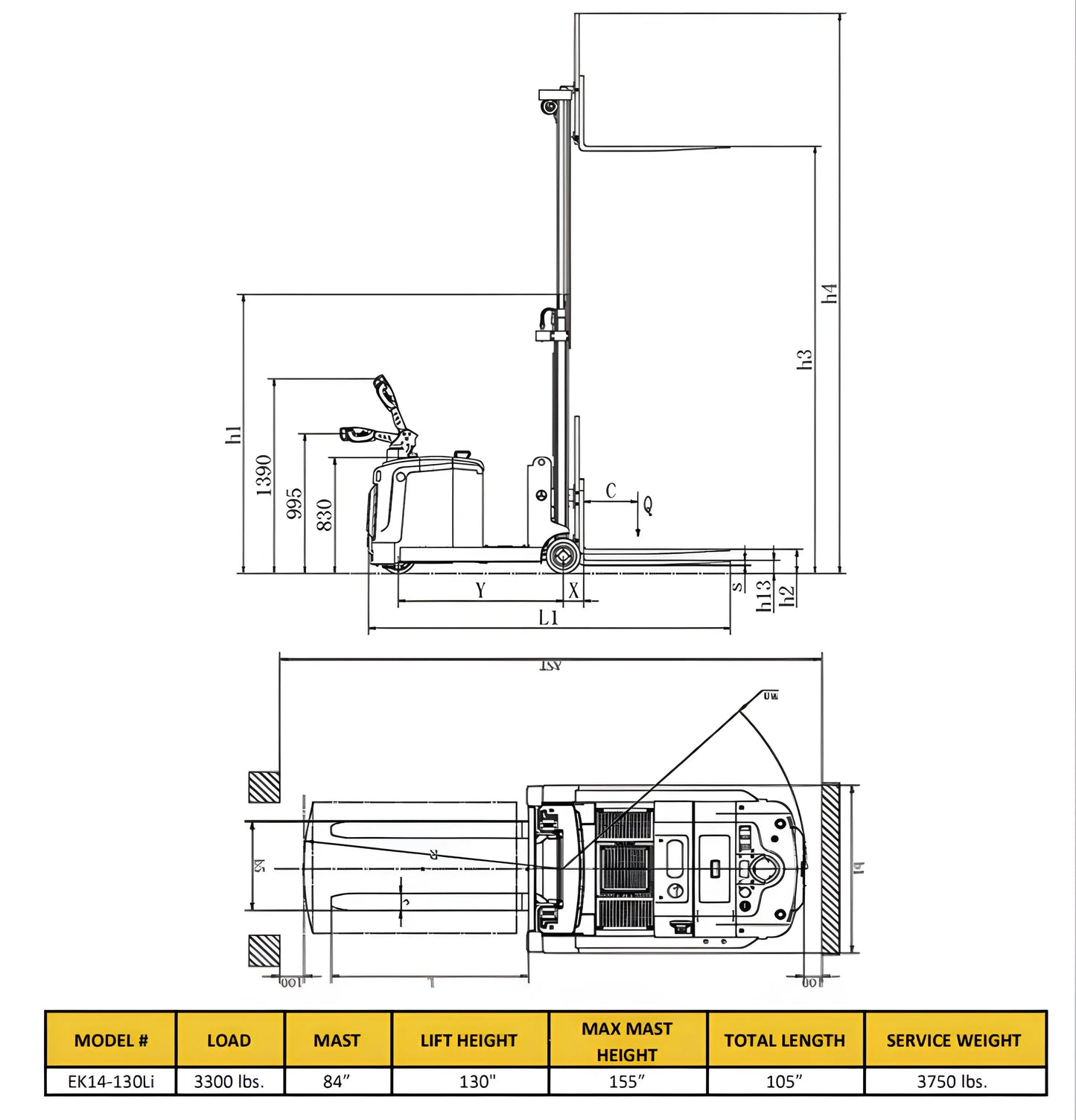 EKKO EK14-130Li | Electric Pallet Stacker | 130" Lift Height, 3300 lb Capacity, Counterbalanced Walkie Stacker