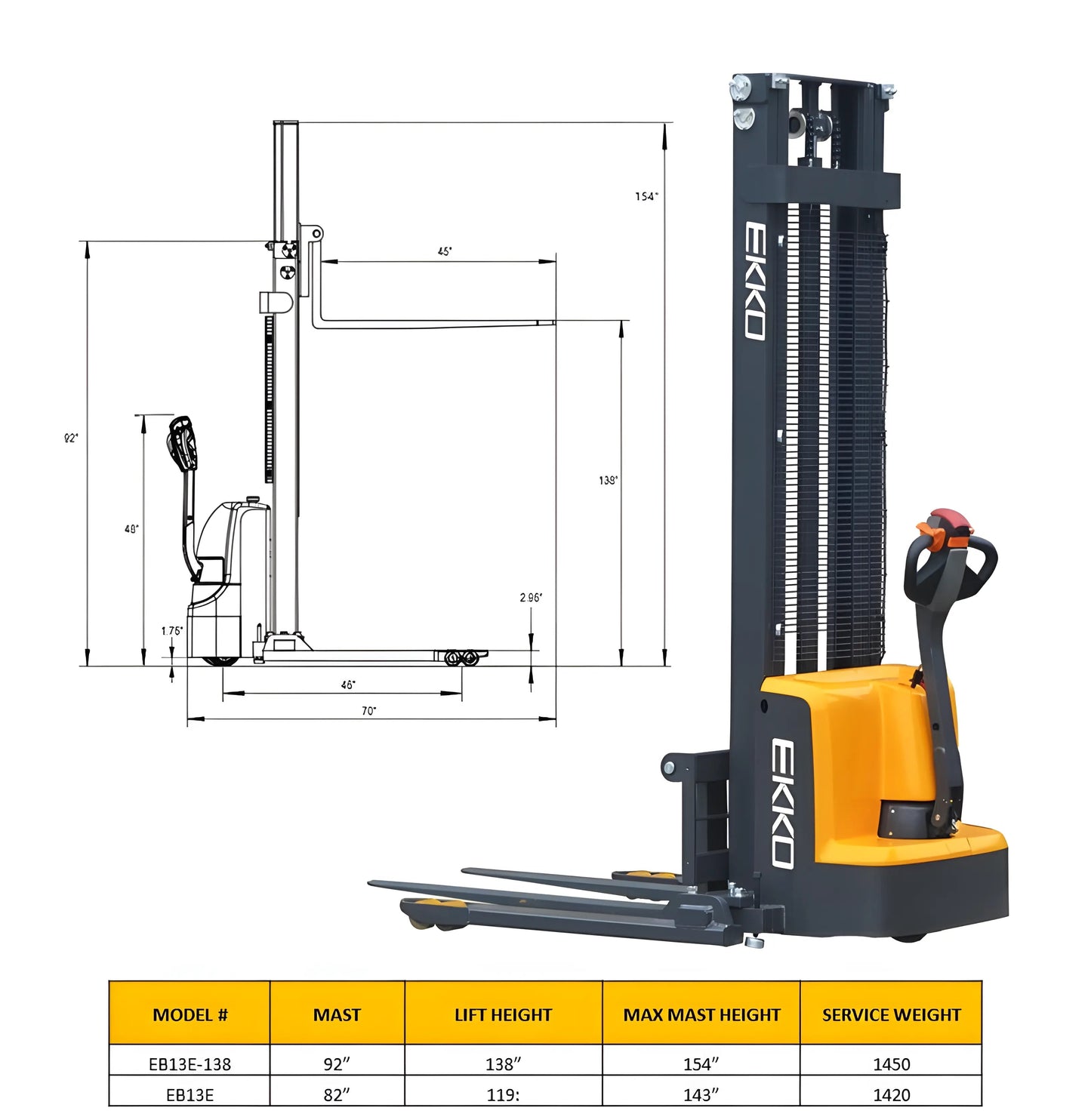 EKKO EB13E-138 | Electric Pallet Stacker | 138" Lift Height, 2800 lb Capacity