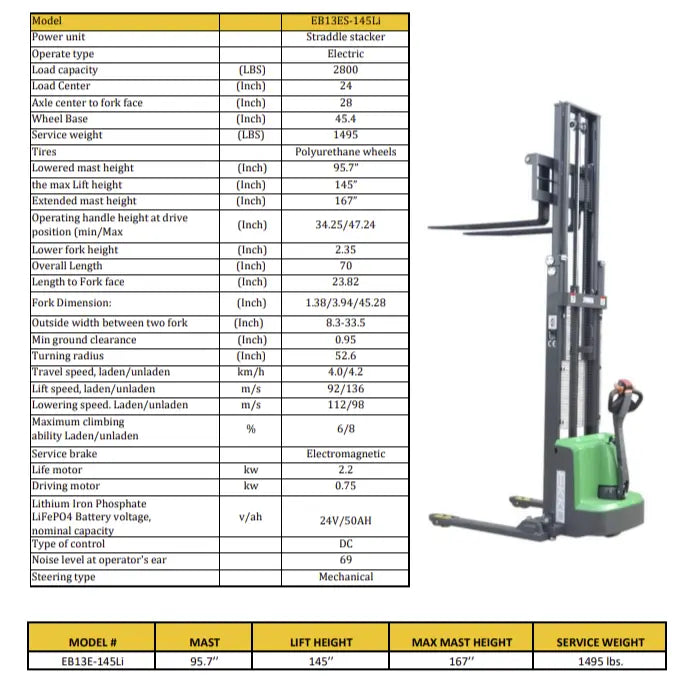 EKKO EB13ES-145Li | Electric Pallet Stacker | 145" Lift Height, Side-Shifting, 2640 lbs