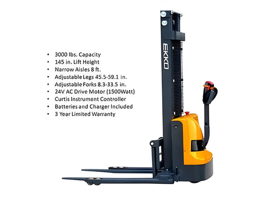 EKKO EB12EA | Electric Pallet Stacker | 145" Lift Height, 3000 lb Capacity