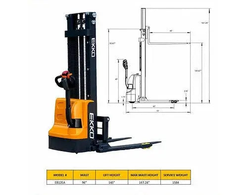 EKKO EB12EA | Electric Pallet Stacker | 145" Lift Height, 3000 lb Capacity