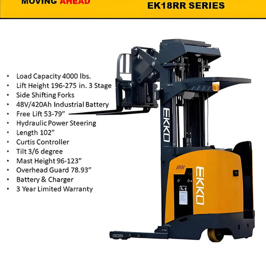 EKKO Ht - EK18RRL | Stand-Up Reach Truck | 4000 lb Cap.| 196"Lift