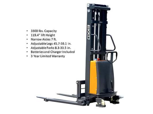 EKKO EA15B | Semi-Electric Pallet Stacker | 119" Lift, 3300 lbs