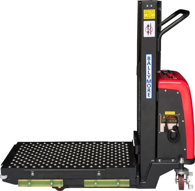 Ballymore BALLYPAL-STK48BC | Semi-Electric Pallet Stacker with Ball Transfer Conveyor Table, 20″ x 35″, 500 lbs Capacity