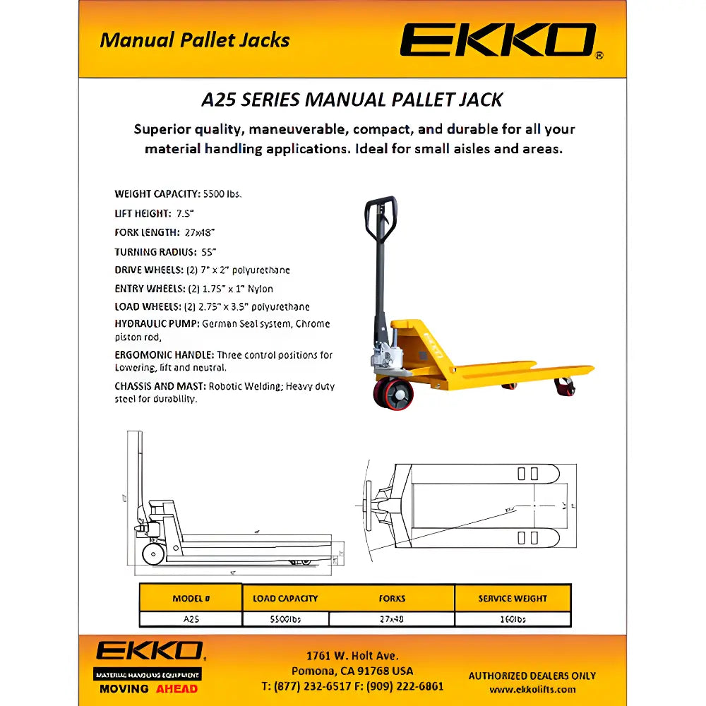 EKKO A25 | Manual Pallet Jack | 5500 lbs Capacity | Raised Height 7.5''