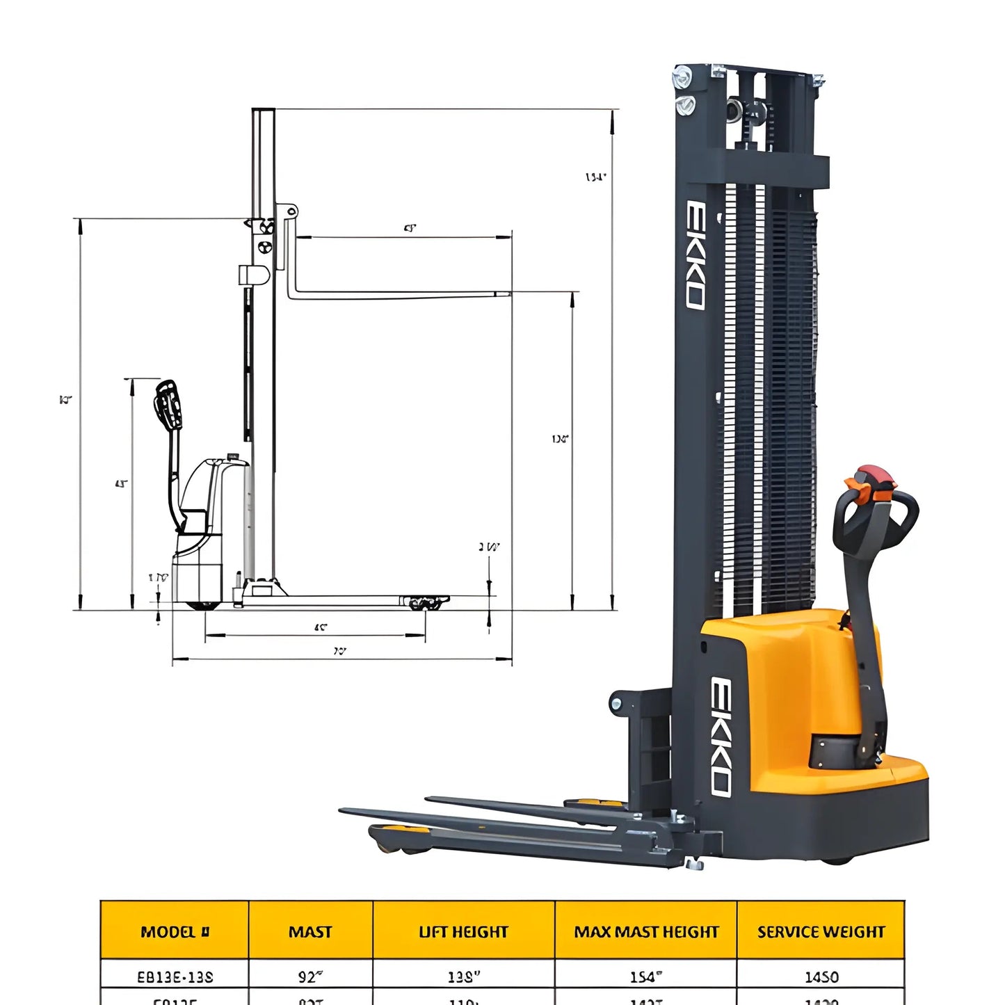 EKKO EB13E | Electric Straddle Stacker | 119" Lift Height | 2800 lb Capacity