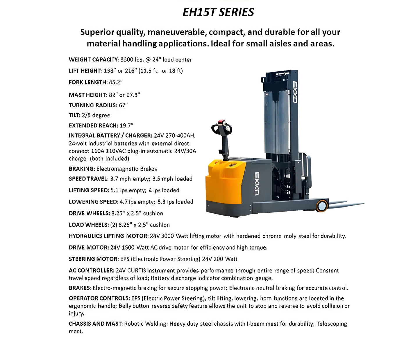 EKKO EH15TH | Moving Mast Walkie Reach Truck | 3300 lb Cap. | 216" Height