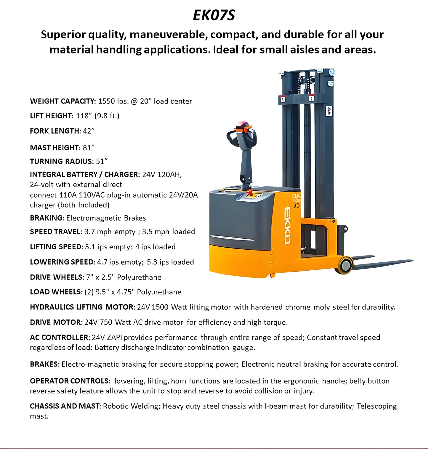 EKKO EK07S | Counterbalanced Walkie Stacker | 118" Lift Height | 1550 lb Capacity