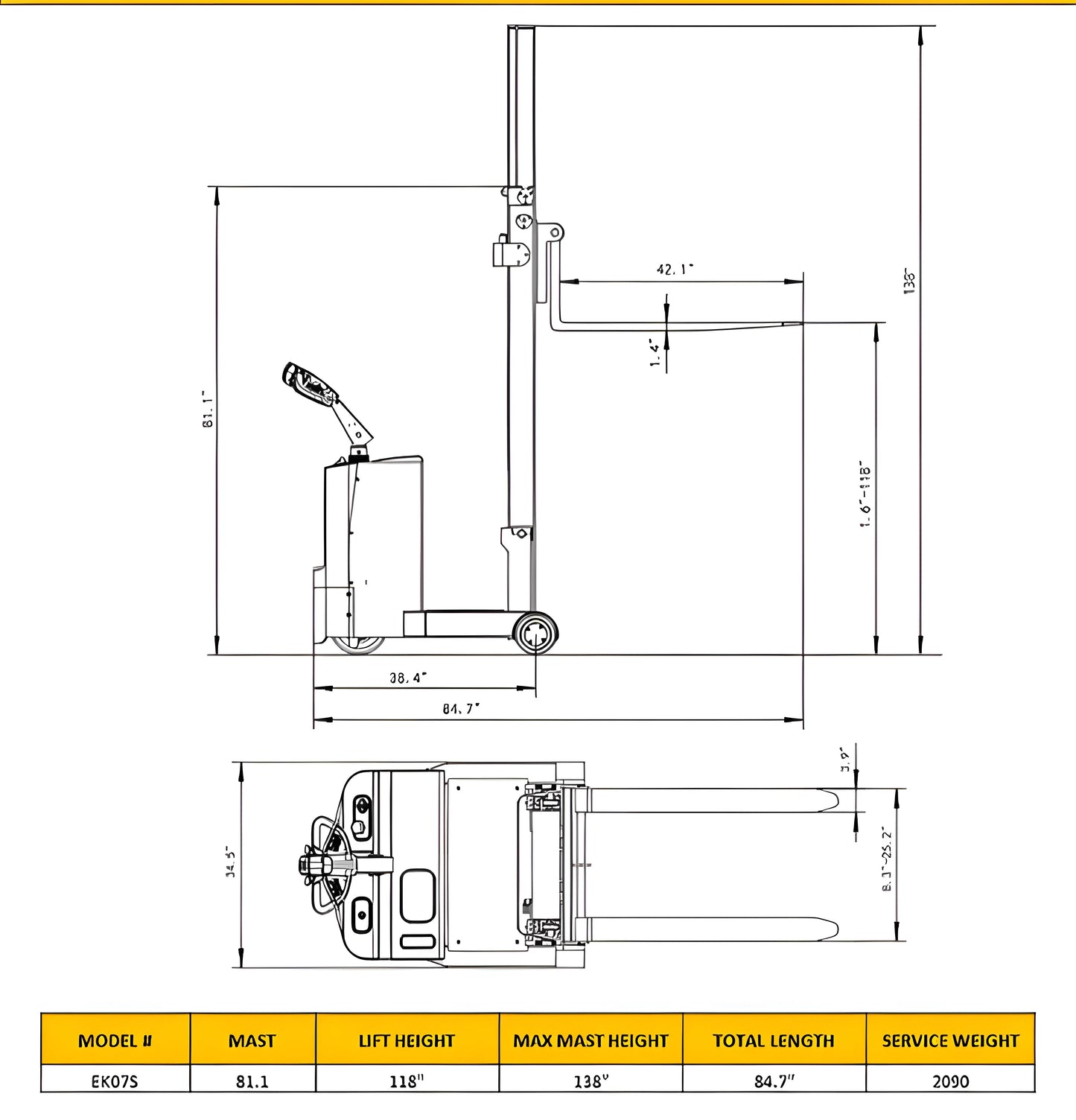EKKO EK07S | Counterbalanced Walkie Stacker | 118" Lift Height | 1550 lb Capacity