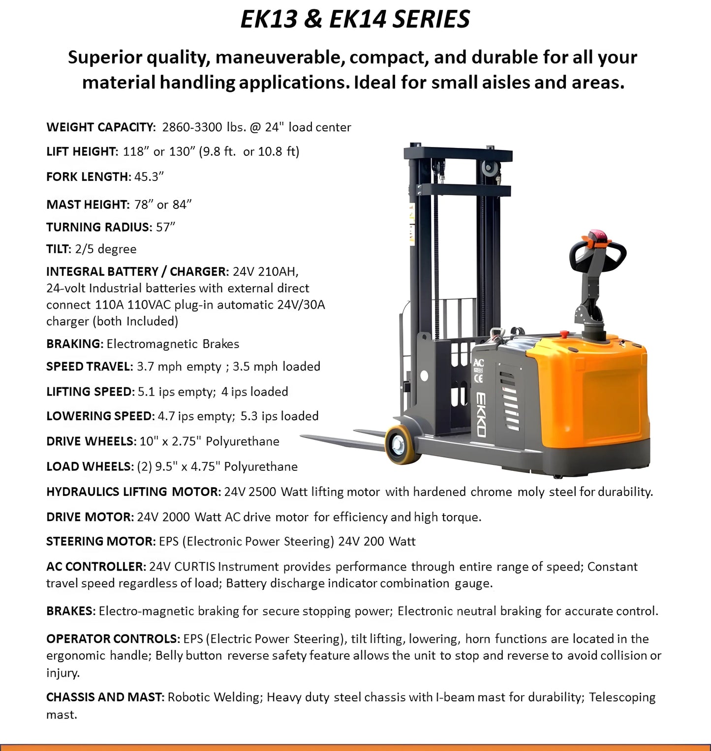 EKKO EK14 | Counterbalanced Walkie Stacker | 118" Lift Height | 3300 lb Capacity