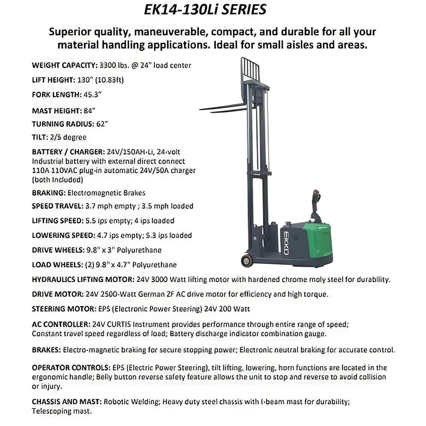 EKKO EK14S-130LI | Lithium Counterbalanced Walkie Stacker | SIDE-SHIFTING | 130" Lift Height | 3300 lb Capacity