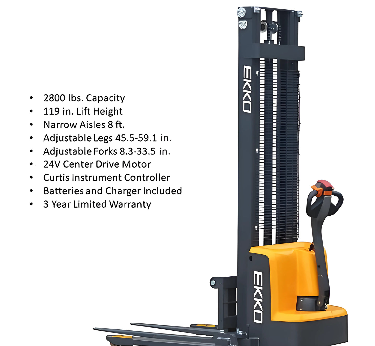 EKKO EB12E-138 | Electric Pallet Stacker | 138" Lift Height, 2640 lb Capacity