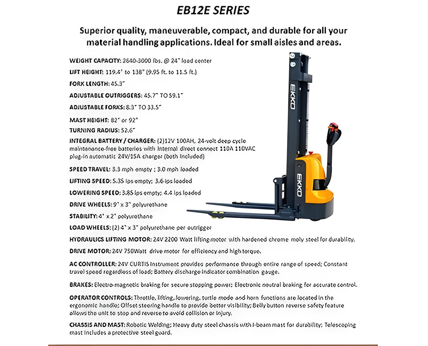 EKKO EB12E-138 | Electric Pallet Stacker | 138" Lift Height, 2640 lb Capacity