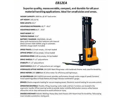 EKKO EB12EA | Electric Pallet Stacker | 145" Lift Height, 3000 lb Capacity