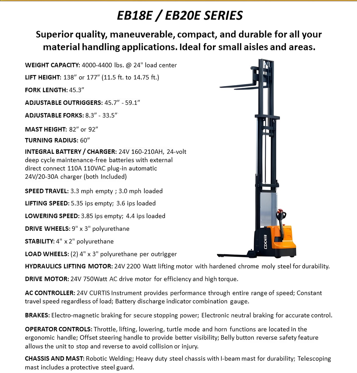 EKKO EB18E | Electric Pallet Stacker | 138" Lift Height, 4000 lb Capacity