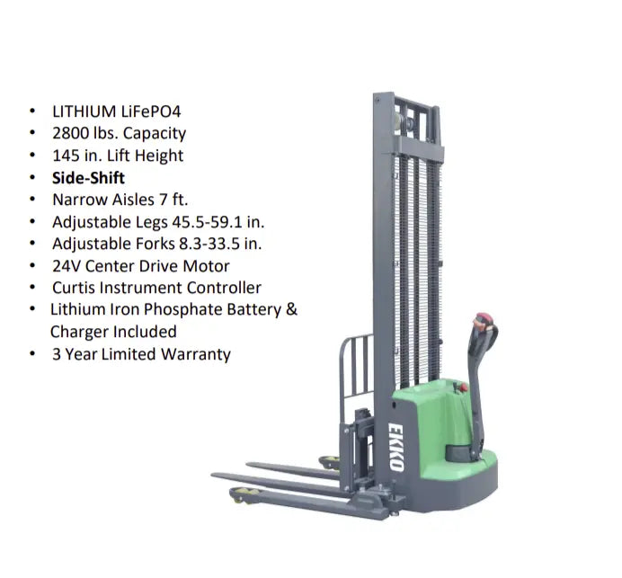 EKKO EB13ES-145Li | Electric Pallet Stacker | 145" Lift Height, Side-Shifting, 2640 lbs