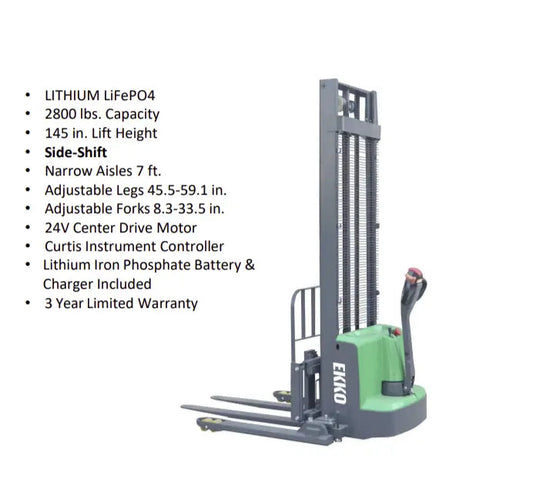 EKKO EB13ES-145Li | Electric Pallet Stacker | 145" Lift Height, Side-Shifting, 2640 lbs
