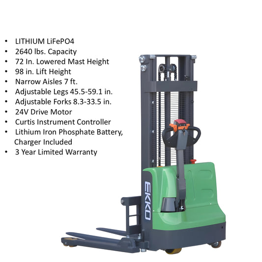EKKO EB12E-98Li | Electric Pallet Stacker | 98" Lift Height, 2640 lbs