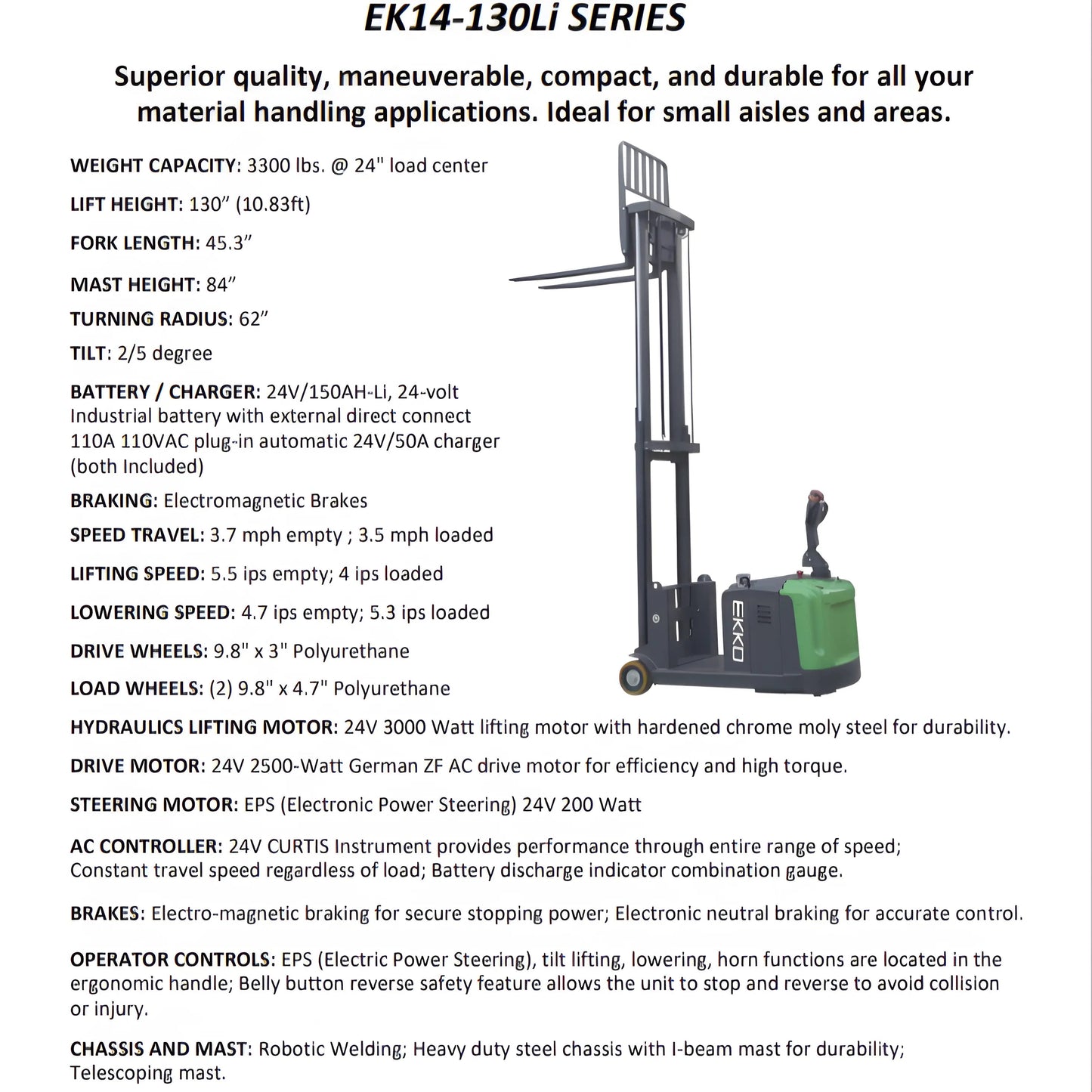 EKKO EK14-130Li | Electric Pallet Stacker | 130" Lift Height, 3300 lb Capacity, Counterbalanced Walkie Stacker
