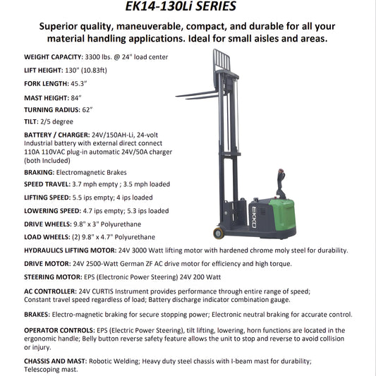 EKKO EK14-130Li | Electric Pallet Stacker | 130" Lift Height, 3300 lb Capacity, Counterbalanced Walkie Stacker