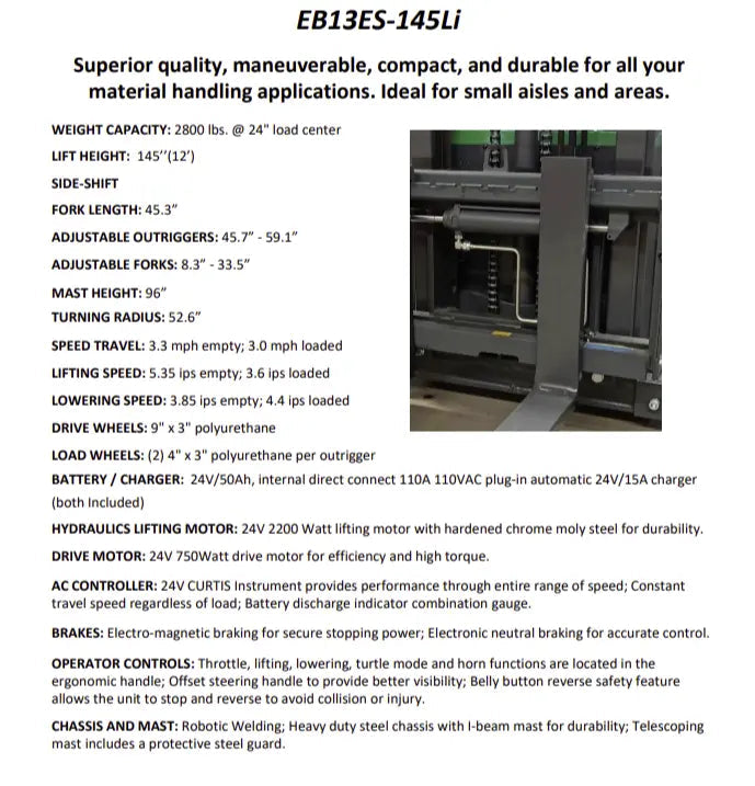 EKKO EB13ES-145Li | Electric Pallet Stacker | 145" Lift Height, Side-Shifting, 2640 lbs
