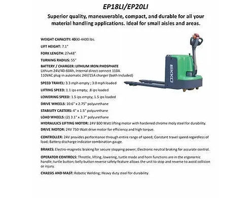 EKKO EP18Li | Curtis Controller Lithium | Electric Walkie Pallet Truck | with 4000 lb Load Capacity