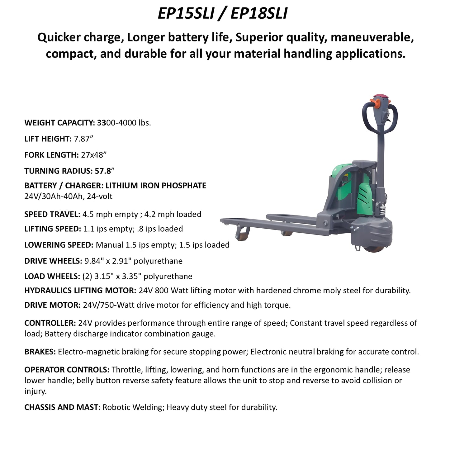 EKKO EP18SLi | Lithium Semi | Electric Walkie Pallet Truck | with 4000 lb Load Capacity