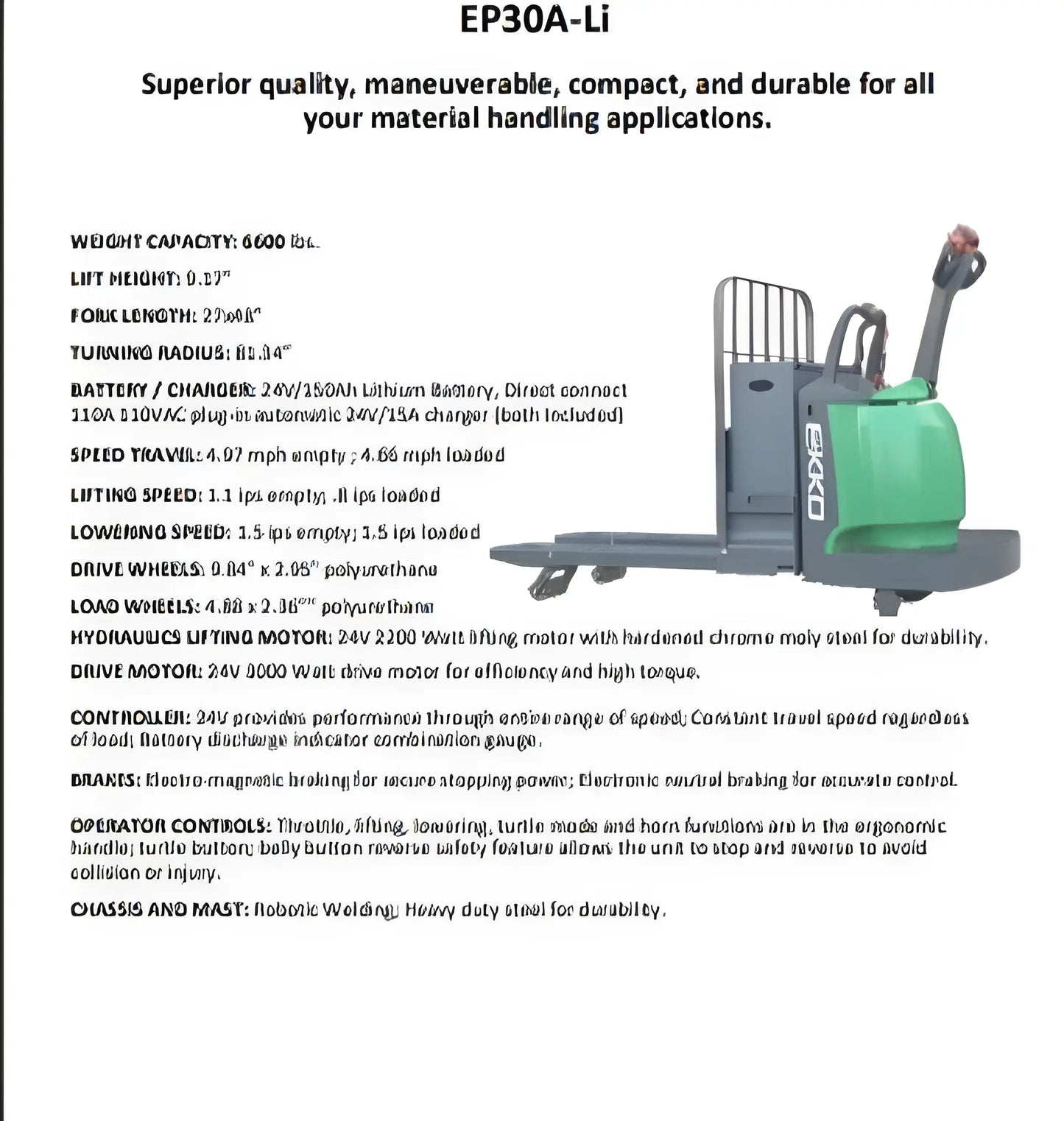 EKKO EP30A-LI | Lithium Rider Pallet Truck | with 6600 lb Load Capacity