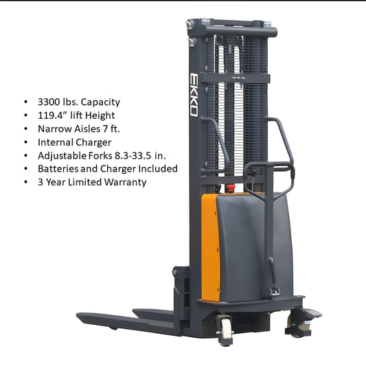 EKKO EA15C | Semi-Electric Pallet Stacker | Semi-Electric Fork-Over Stacker, 119" Lift, 3300 lbs