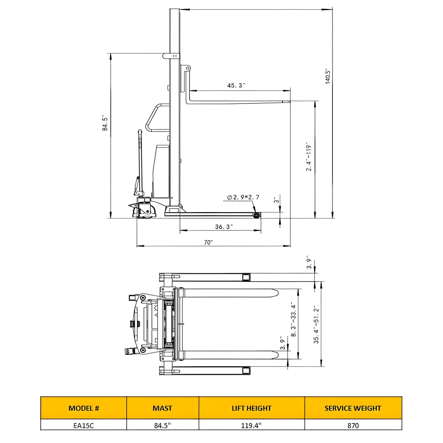 EKKO EA15C | Semi-Electric Pallet Stacker | Semi-Electric Fork-Over Stacker, 119" Lift, 3300 lbs