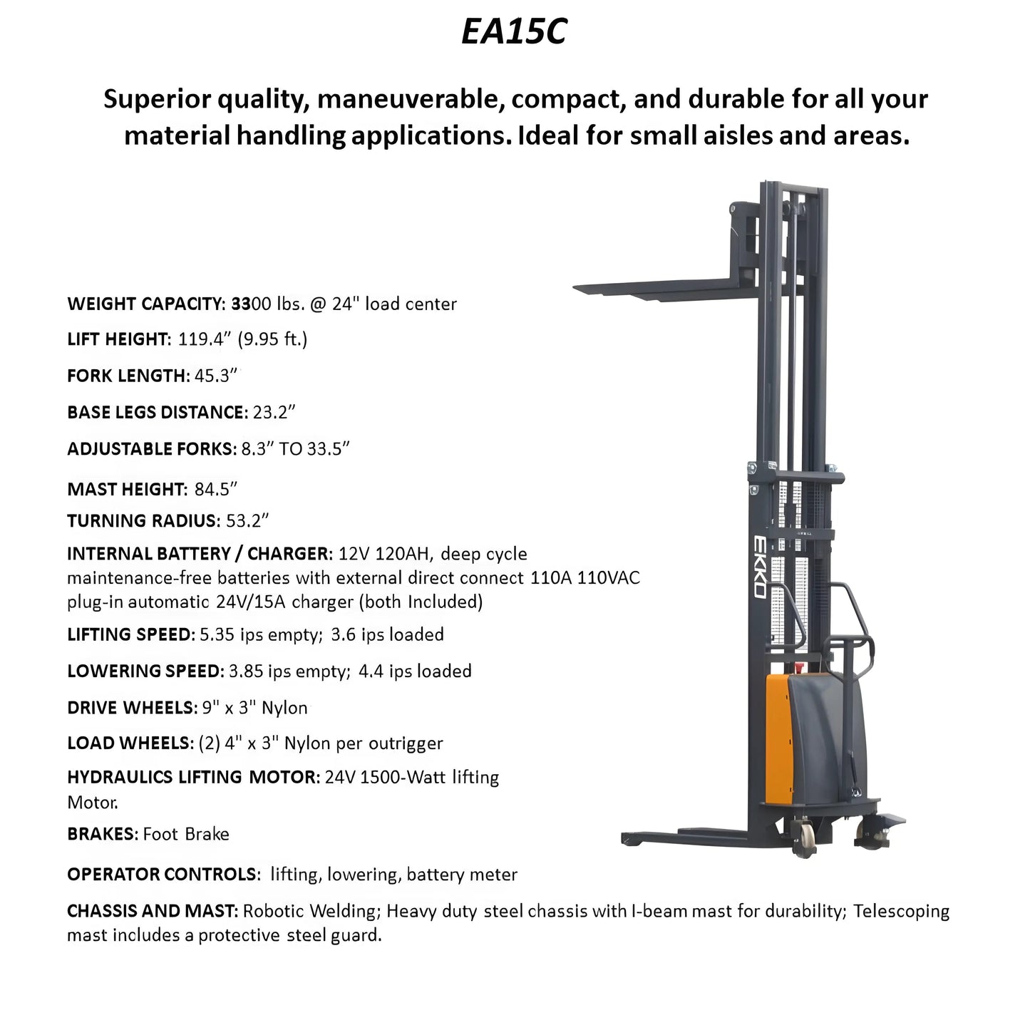 EKKO EA15C | Semi-Electric Pallet Stacker | Semi-Electric Fork-Over Stacker, 119" Lift, 3300 lbs