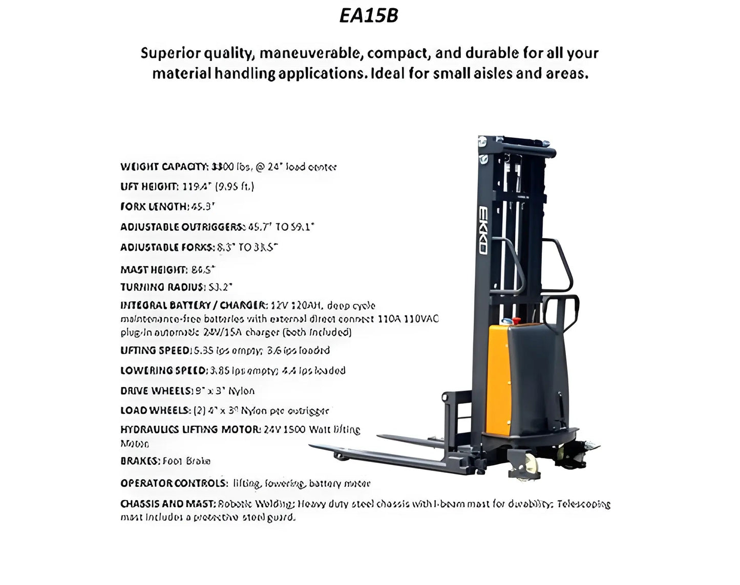 EKKO EA15B | Semi-Electric Pallet Stacker | 119" Lift, 3300 lbs