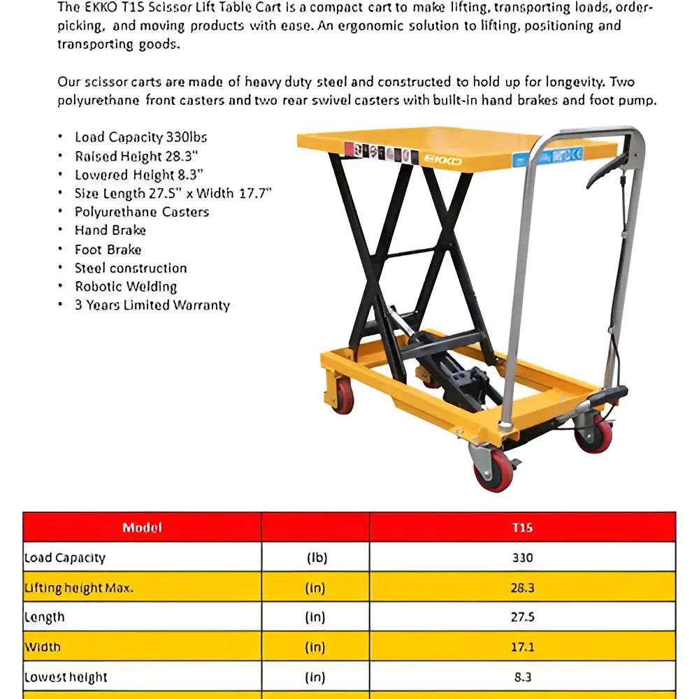 EKKO T15 | Scissor Lift Table Cart | 330 lb